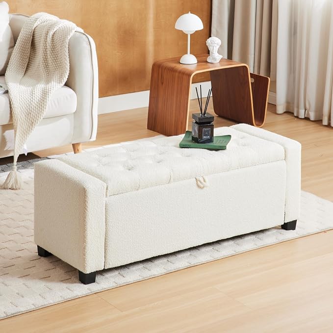 43 Inch Storage Ottoman Bench, Bench for Bedroom End of Bed, Ottoman with Storage for Living Room and Entryway (Boucle Cream)