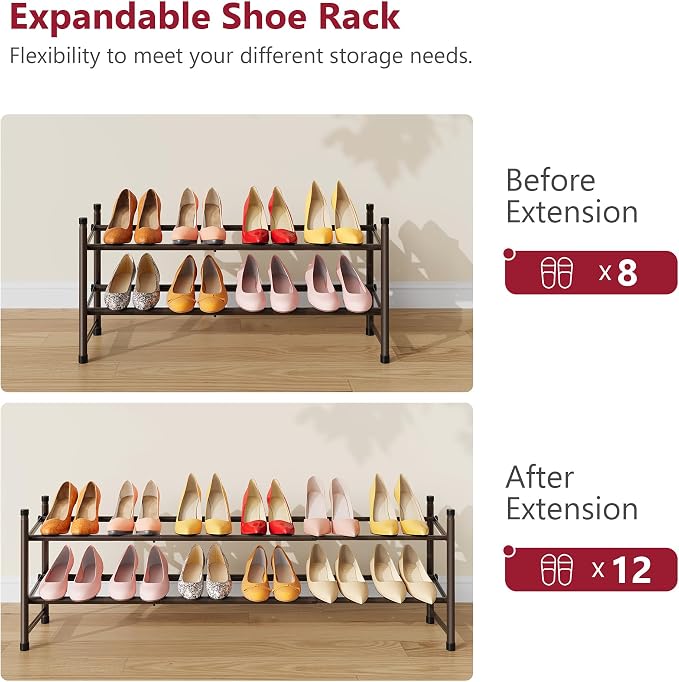 Expandable Shoe Rack for Closet 2 Tier, 28“-41“Stackable, Bronze | Adjustable Shoe Organizer Closet Shoe Rack Floor, Metal Small Shoe Shelf Storage for Entryway, Garage, Front Door Entrance