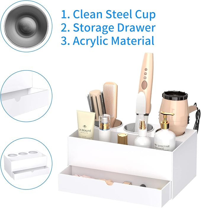 NIUBEE Acrylic Hair Tool Organizer with Drawer, Hair Dryer Holder Organizer | White, Hot Tools Organizer Countertop with 3 Cups, Hair Blow Dryer Storage for Curling Iron, Brush, Straightener, Bathroom