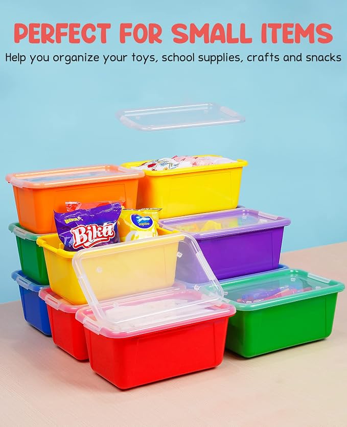 GAMENOTE 6 Quart Stackable Plastic Storage Bins with Lids,12 Pack, Colorful | Stackable 6-quart bins with lids organize classroom supplies, crafts, toys and building blocks for Classroom & Kids Toy