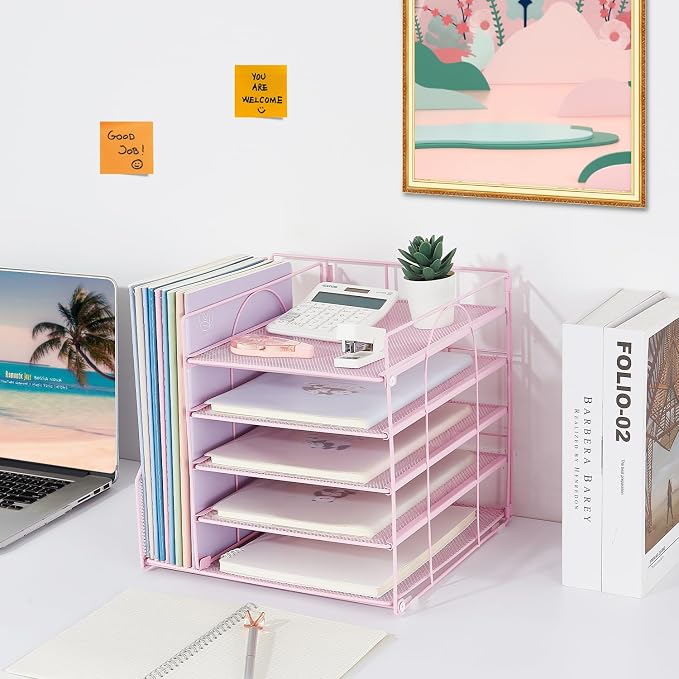 LEKETREE Desk Organizers and Accessories, 5-Tier Paper Letter Tray Organizer with File Holder, Desktop Organizer for Office Supplies (Pink)