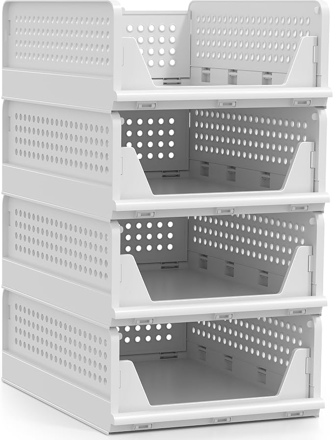 Sorbus 4 Pack Folding Closet Shelf Organizer for Clothes, Versatile Stackable Storage Baskets for Closet, Bathroom, Kitchen and Garage with Easy Access Open Front Design, Plastic Organizer Shelves