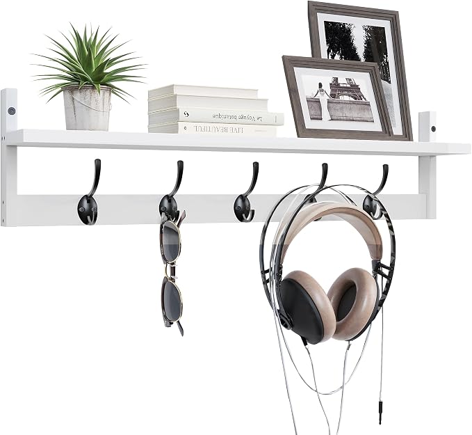 BAMEOS Wall-Mounted Wood Shelf with 5 Dual Hooks for Bathroom, Living Room, Bedroom (White-with Shelf)