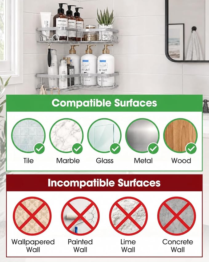 Sakugi Corner Shower Caddy - 2 Pack, Adhesive Shower Organizers, Rustproof Stainless Steel Shower Shelves with 8 Hooks, No Drilling Bathroom Organizers and Storage Racks, Space-Saving, Silver, Medium