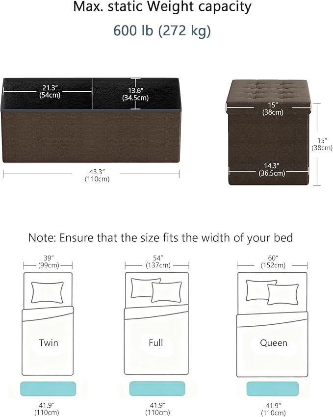 GLAXYFUR 43 Inches Folding Storage Ottoman Bench, Storage Chest, Brown | Ottoman Foot Rest, End of Bed Bench, Load 660 lb, Storage Box for Living Room, Bedroom, Entryway