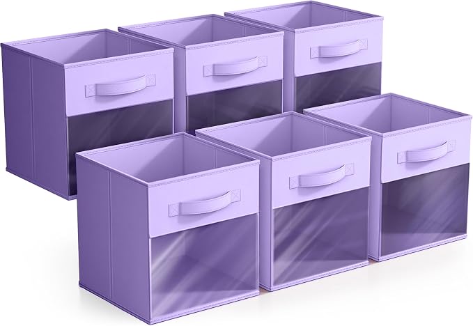 Sorbus 11 Inch Storage Bins with Clear Window - 6 Foldable Baskets for Organizing Clothes, Toys, Books - Sturdy Collapsible Fabric Storage Cubes with Handle - Storage Baskets for Shelves, Closets