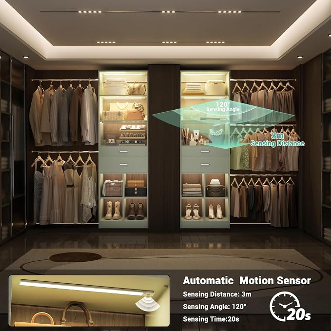 Besiost Closet System, 4-8 FT Closet Organizer System with Smart Sensor Lights, 2 Wooden Drawers and 5 Hanging Rods, Crab Green