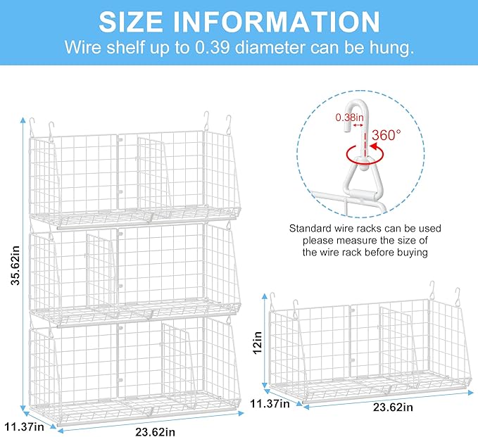 23.62” Extra-Long Under-Shelf Hanging Laundry Basket Organizer, 3-Pack Space-Saving Laundry Organizer, Fits Wire Shelving (Rod Diameter < 0.38”), Modular with Dividers for Custom Laundry Organization