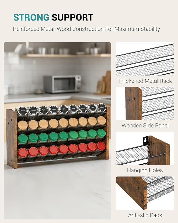 NESAPTO Spice Rack Organizer for Cabinet, Wood 4-Tier Vertical Seasoning Organizer, Wall Mount or Countertop Spice Shelf, Holds 36 Jars (No Jars Included), 17.2" W x 10.3" H