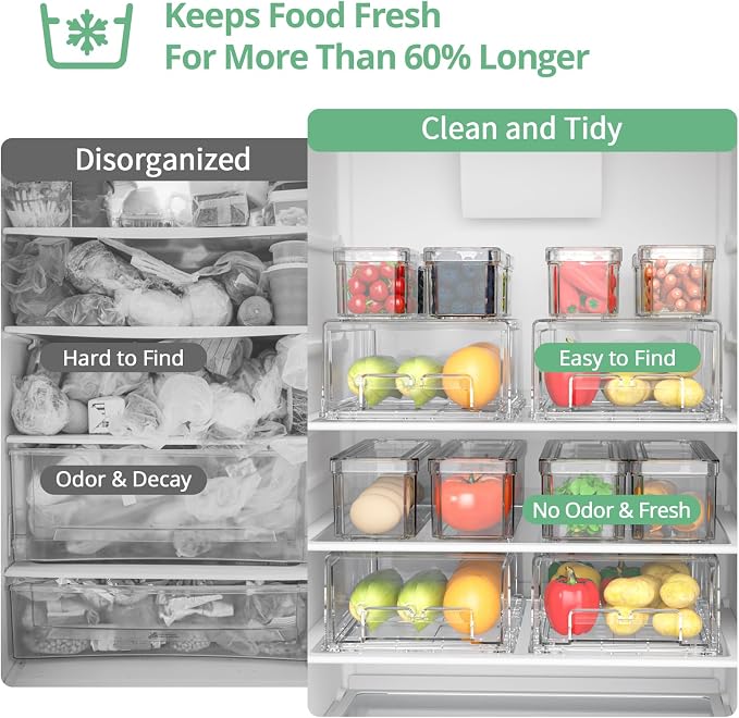 damynuo 14Pack Fridge Organizer Bins, Clear Refrigerator Organizing Containers with Lids and Refrigerator Drawers, Stackable Food, Vegetable and Fruit Containers for Fridge Organizers and Storage