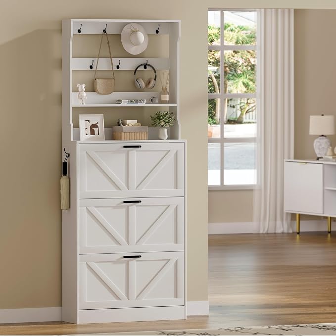 EOYUTLLY Shoe Cabinet Storage for Entryway, Narrow Shoe Rack Cabinet with 3 Flip Drawers & Coat Rack, Hidden Shoe Storage Cabinet, 2-in-1 Hall Tree Slim Freestanding Shoe Rack Organizer, White