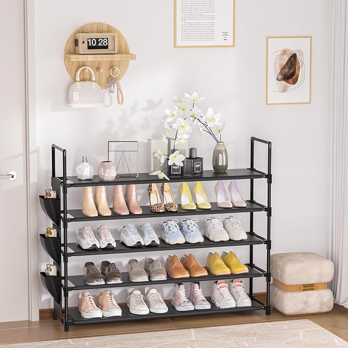 OYREL Shoe Rack 5 Tier 20-25 Storage Capacity Shoes Organizer | Closet, Entryway, Garage, Door Entrance, Space Saving Shoes Holder Stand, Sturdy Metal Free Standing Boot Shelf Tower Black