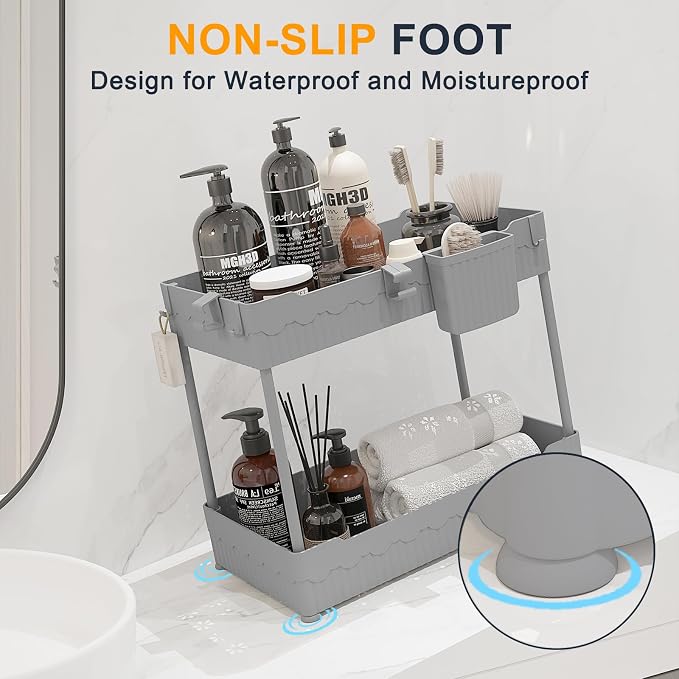 Sevenblue 2-Pack Under Sink Organizer with Hooks & Hanging Cup for Kitchen | Multi-use kitchen & bathroom storage, 12.8 inch grey cabinet organizer, with hooks and hanging cup for easy access.