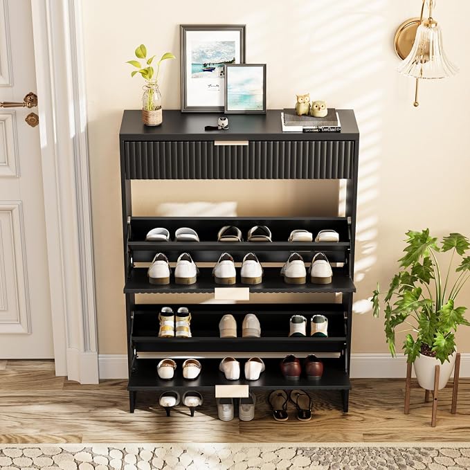 Fluted Shoe Cabinet Storage with 2 Flip Drawers & 1 Drawers, Wood Narrow Hidden Shoe Cabinet for Entryway, Freestanding Slim Shoe Rack Organizer for Foyer Hallway Living Room(Black)