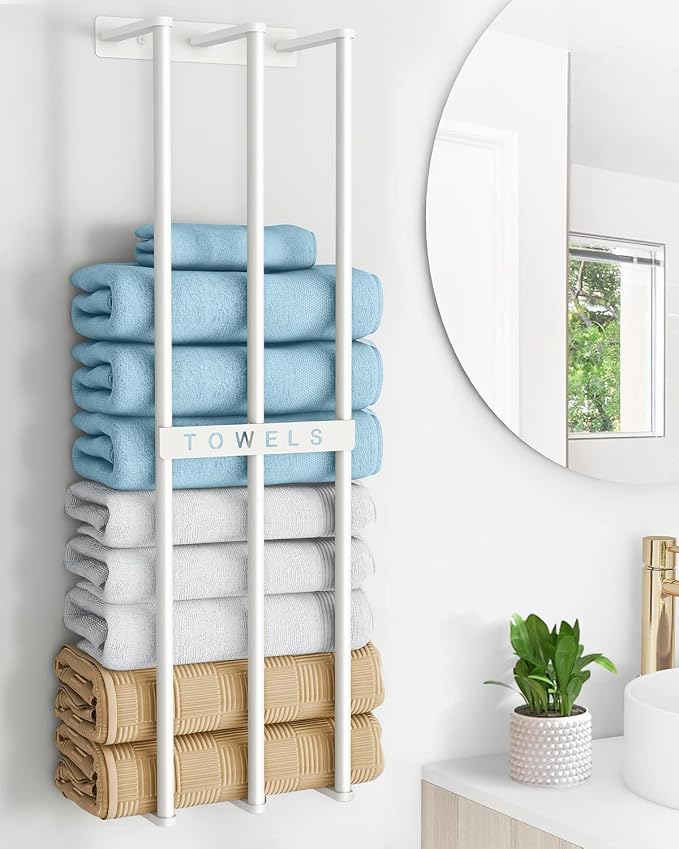 Bethom Towel Racks for Bathroom, Towel Storage Holder Space Saving, White | 30 Inch Towel Rack for Rolled Towels, Modern Minimalist Style, Rust-Proof, Perfect for narrow shower wall & compact bathrooms