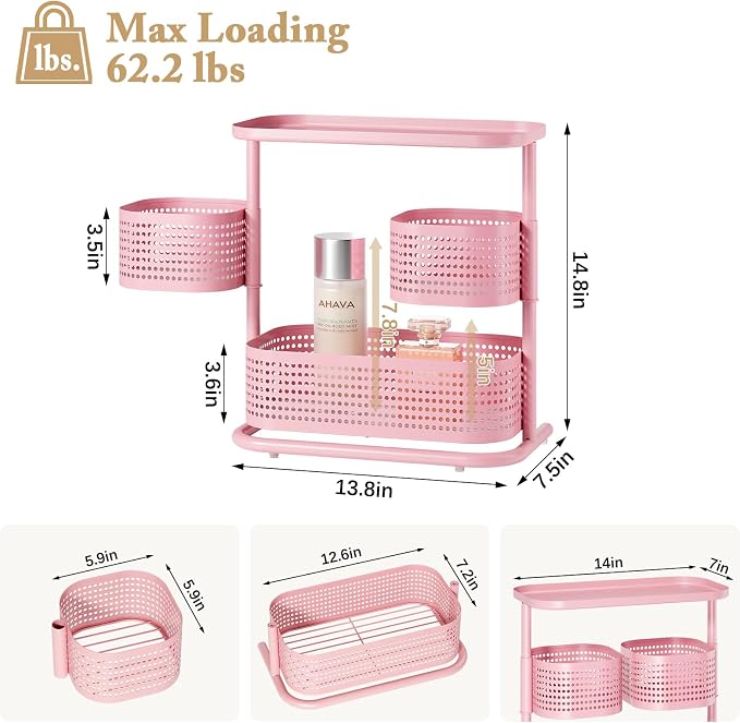 KINGRACK Metal Bathroom Counter Organizer,Rotating Countertop Storage Shelf | 3 Tier, Makeup Tray for Vanity, Perfume & Skincare, Standing Shelf for Bathroom Counter Storage, Pink