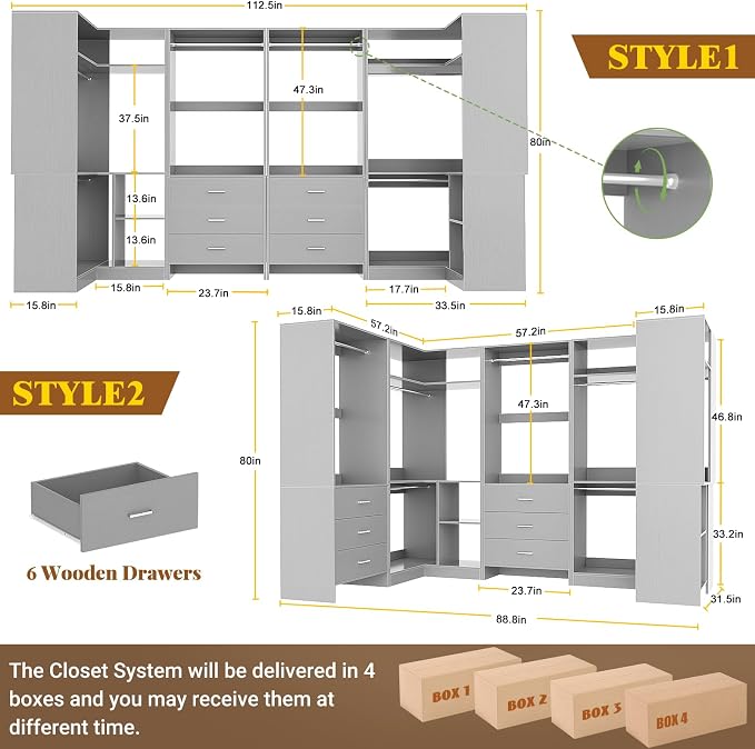 Aheaplus Closet System with 6 Drawers, 6 Hanging Rods & Corner Tower, Corner Closet System with Hanging,112.5" U-Shaped Walk-In Wardrobe Organizer, 2000+ lbs Capacity, Set of 4, Grey