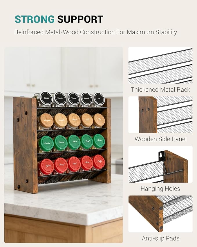 NESAPTO Spice Rack Organizer for Cabinet, Wood 4-Tier Vertical Seasoning Organizer, Wall Mount or Countertop Spice Shelf, Holds 20 Jars (No Jars Included), 10.3" W x 10.3" H