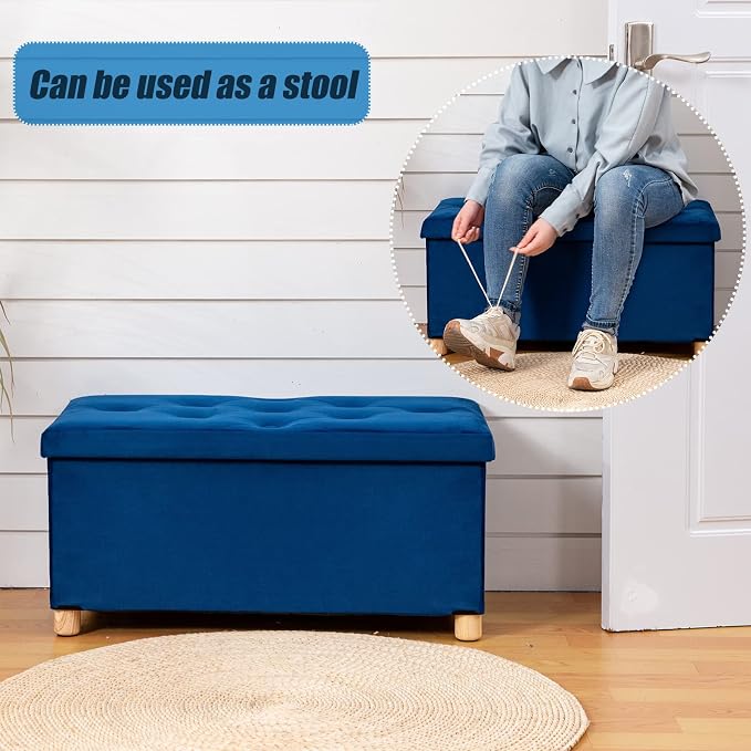 BRIAN & DANY 30 Inches Folding Storage Ottoman Bench, Ottoman with Storage for Living Room, with Wooden Feet and Lid, Blue