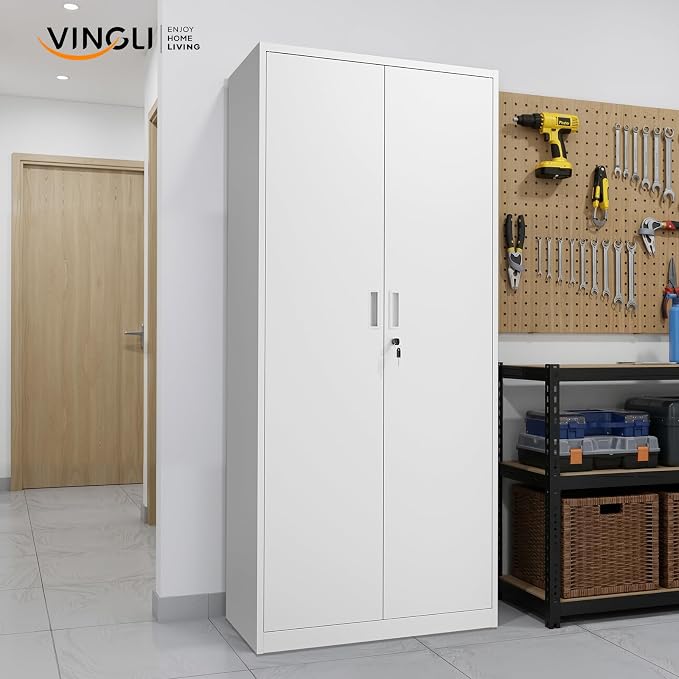 VINGLI Metal Garage Storage Cabinet with 2 Doors and 5 Adjustable Shelves, 71" Tall Steel Lockable File Cabinet, Locking Tool Cabinets for Home Office Garage Gym School (White)