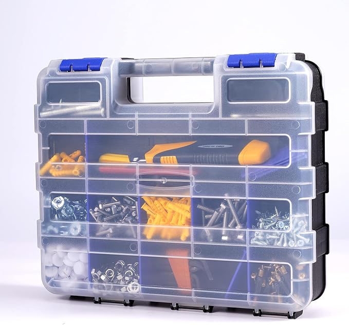 AIDY-PRO Small Parts Organizer Box Storage Case Tools Box Organizer Double Side 34 Compartments Hardware Organizers with Removable Plastic Dividers for Screws Nuts Nails Bolts, 2 Pack