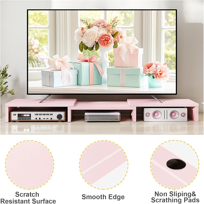 TAVR Dual Monitor Stand Riser, Wooden Computer Monitor Stand for 2 Monitors | Extra Long Multifunctional Desktop Organizer Riser for TV, PC Monitor, Laptop, Printer, Max 43.3" Length, Pink