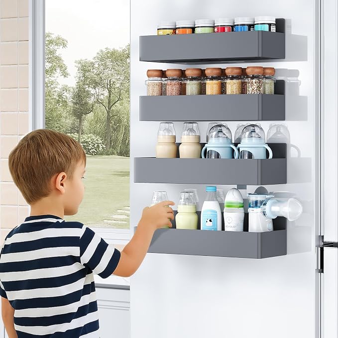 Mystozer Magnetic Spice Rack for Refrigerator, Kitchen Organizer and Storage Shelf, Grey (4 Pack)…