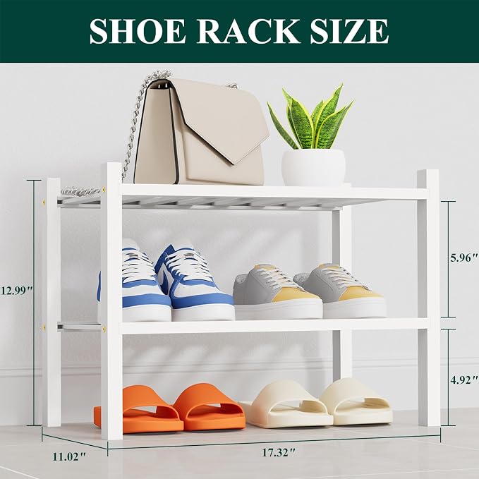 Smiry Bamboo Shoe Rack, 14 Vertical Slats, 2 Tier - 17.3" Wide, White | Stackable Free Standing Wooden Shoe Organizer, Wood Shoe Storage Shelf for Closet, Entryway, Thicher Leg