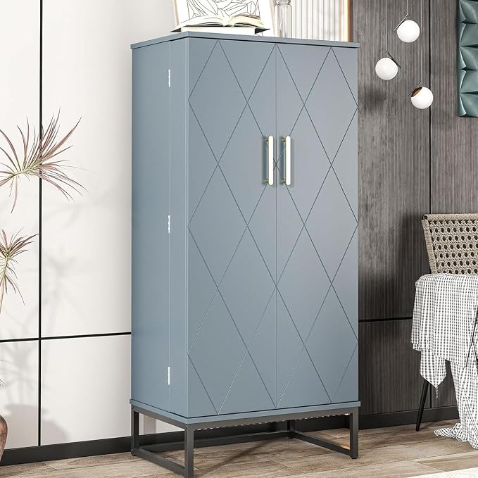 kepptory 51" Pantry Cabinet with Diamond-Patterned Doors and Golden Handles, Freestanding Kitchen Storage Cabinet with 17 Shelves, Tall Metal Base, Adjustable Feet, Grey