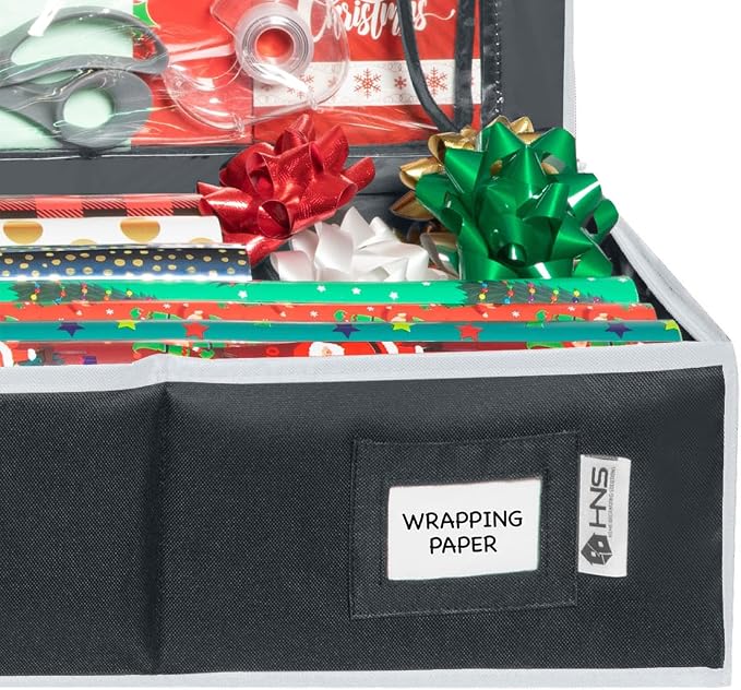 HOLDN’ STORAGE Premium Wrapping Paper Storage Container, Black/White Trim | Durable 600D Tear-Proof, Fits 27 Rolls Gift Wrap, Extra Pockets for Ribbons & Bows, Underbed Storage
