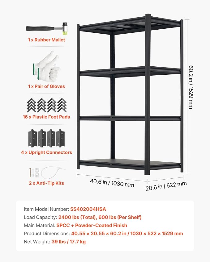 VEVOR Storage Shelves, 4-Tier Adjustable, 2400 lbs Capacity, Heavy Duty Garage Storage Shelving Unit, Metal Utility Rack Shelf, for Garage Workshop Warehouse Basement, 40.55" W x 20.55" D x 60.2" H