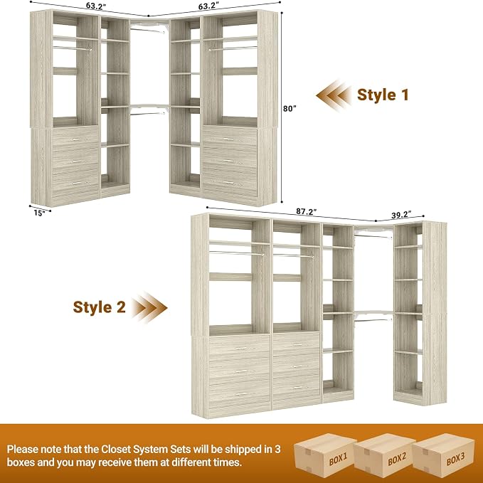 Besiost Corner Closet System with 6 Drawers, Closet Organizer System with 14 Shelves & 4 Hanging Rods, 87.2"L * 39.2"W / 63.2"L * 63.2"W Reversible L Shaped Walk-in Closets, Load 2500+LBS, White Oak