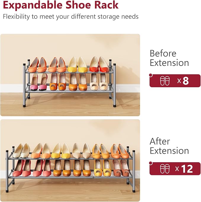Expandable Shoe Rack for Closet 2 Tier, 28“-41“Stackable, Grey | Adjustable Shoe Organizer Closet Shoe Rack Floor, Metal Shoe Shelf Storage for Entryway, Closet, Garage, Front Door Entrance