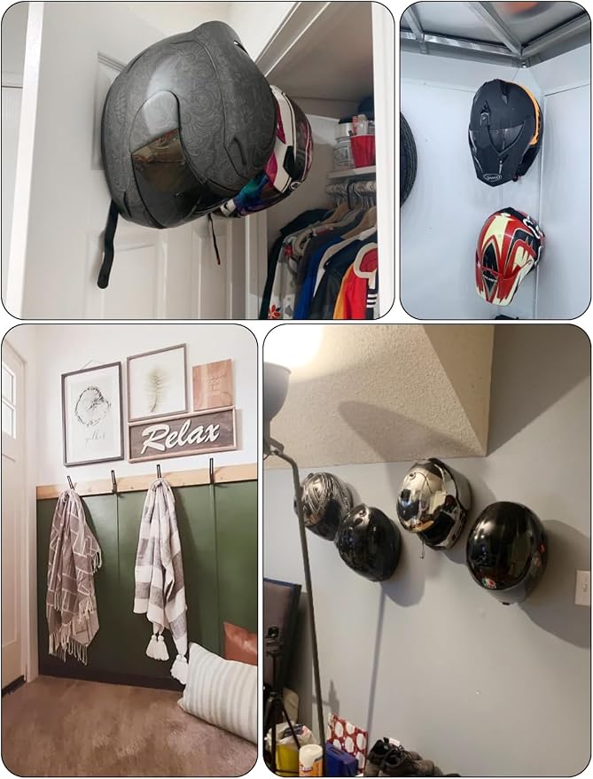 4 Pack Helmet Hooks Motorcycle Helmet Holder Hook Wall Mount Helmet Storage Rack Hanger Motorbike Cloth Wall Mount Display Rack Hanger for Jacket Bag, Cloth, Coat, Glove