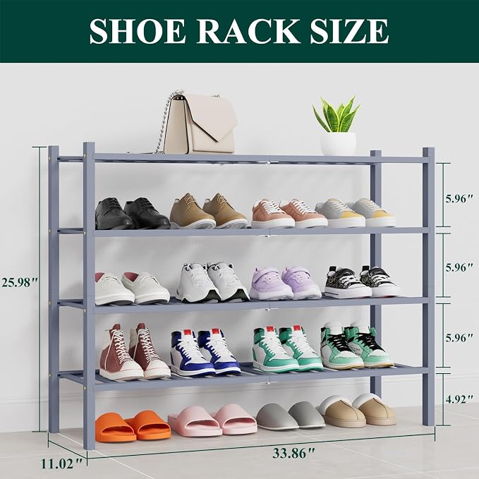Smiry Bamboo Shoe Rack, 14 Vertical Slats, 4 Tier - 33.7" Wide, Grey | Stackable Free Standing Wooden Shoe Organizer, Wood Shoe Storage Shelf for Closet, Entryway, Thicher Leg