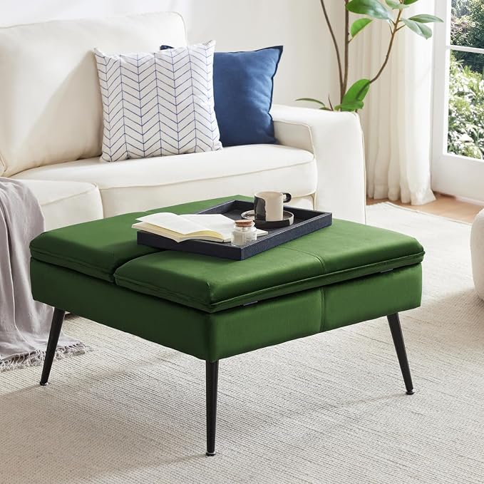 Square Ottoman with Storage Coffee Table Large Upholstered Green | Mid-Century Modern Ottoman w/ Double Flip-Lid Metal Legs Padded Seat for Living Room Bedroom, Velvet, Loads 660 lbs