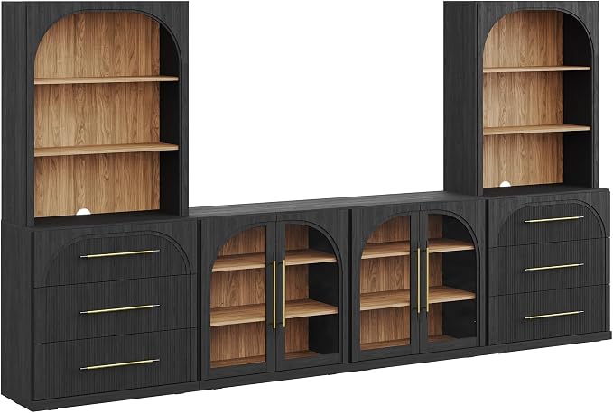BELLEZE 6-Piece Modular TV Stand Set - 2 Sideboards with Drawers, 2 Arched Glass Door Sideboards, 2 Hutch Cabinets, Classic Modern Media Console with Adjustable Shelves for Living Room (Ebony)