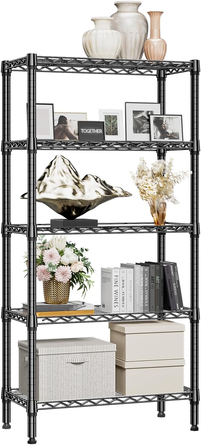 M MZG 1250 lbs 5 Tier Shelf Metal Storage Shelves Shelving Wire Rack Heavy Duty Closet Organizers for Garage Kitchen Bathroom Laundry Black 13.8" D x 29.5" W x 59.5" H