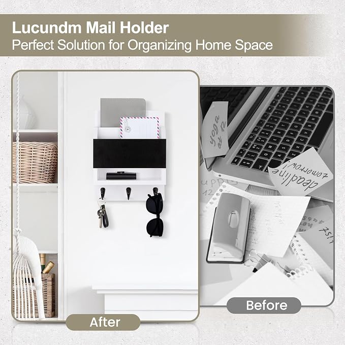 Key and Mail Holder for Wall, Key Holder with Chalkboard and Long Storage Box, Key Hanger with 3 Sturdy Hooks for Coat, Dog Leash, Entryway Mail Organizer (White)