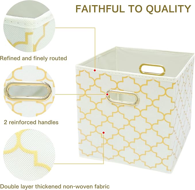 Fabric Cloth Storage Bins,Fabric Cube Organizer with Dual Handles Foldable Cube Storage Baskets for Home Bedroom Storage,Set of 3,(Creamy-White Gold)