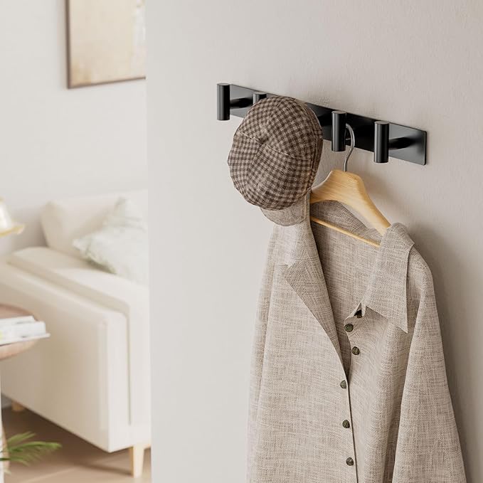 Black Wall Mounted Coat Rack – 5 T-Shaped Hooks on 16.5" Rail, (2 Pack) | for Hanging Hats, Bags & Towels, Heavy-Duty Metal Hooks for Entryway, Bathroom, Closet, Bedroom