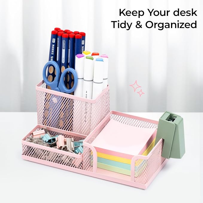 M&G Mesh Pen Holder Desk Organizers Pencil Holder for Desk Pink, 3 Compartments Metal Office Supply Organizer with Sticky Notes Holder for Home Office