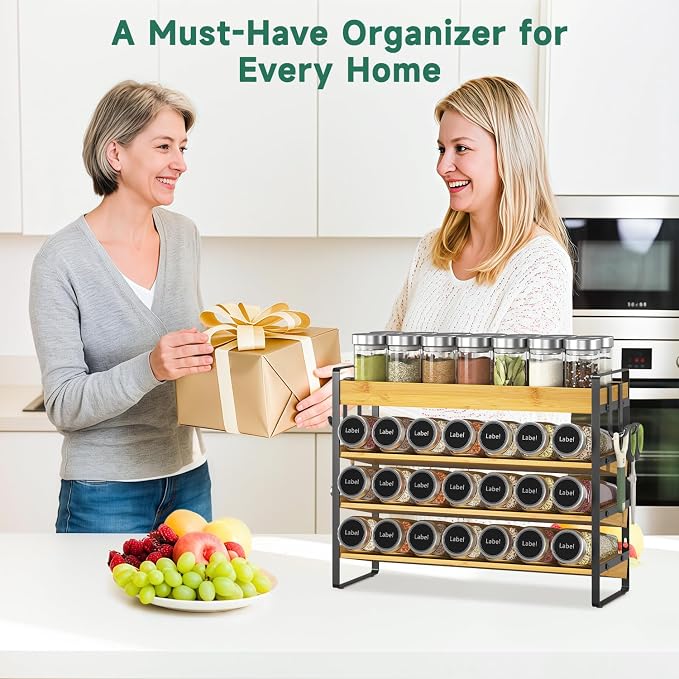 EsLuker.ly Spice Seasoning Rack Organizer Kitchen Countertop, 4 Tier Bamboo | Spice Shelf Holder Storage with 4 Hooks, Wall Mounted Freestanding Stand for Pantry, Quick Spice Access(Jars Not Included)