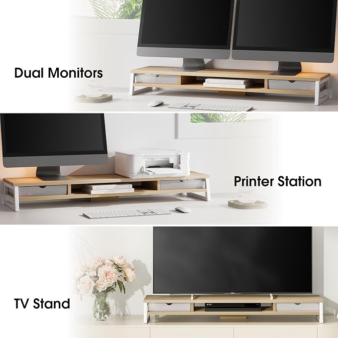 Fenge Dual Monitor Stand Riser, 42.5in Desk Shelf with 2 Drawers, Oak | 2-Tier Monitor Shelf for Desk, Storage Drawer with Stopper, Frosted, fit Home Office, Ultrawide Screen, PC, Laptop, TV