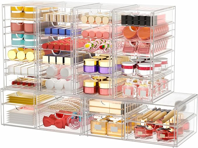 caktraie 6-Pack 30-Drawer Acrylic Storage & Makeup Organizer for Desk | Smooth-glide drawers, clear body, dustproof, for office supplies, pens, stationery, jewelry, cosmetics, craft bits