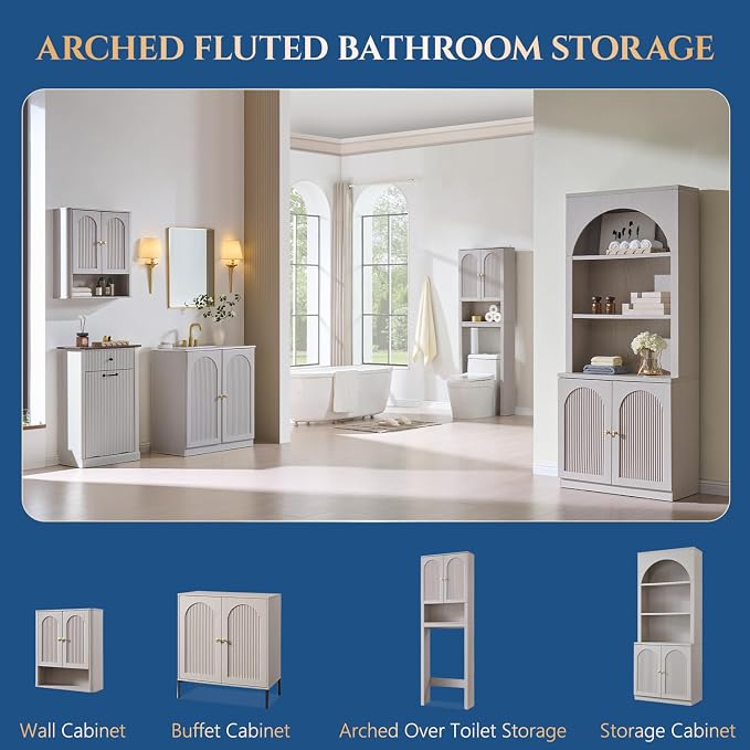 72" Over The Toilet Storage Cabinet, Modern Over Toilet Bathroom Organizer Shelf with Fluted Arched Doors, Wooden Free Standing Bathroom Storage Cabinet with Adjustable Shelf, Space Saver, Light Grey