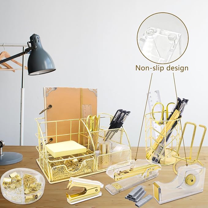 Office Desk Organizers, Gold 13PCS Office Supplies and Accessories Desk Organizer, Acrylic Stapler, Staple Remover, Clips, Scissor, Phone Holder, Pen, Pen Holder