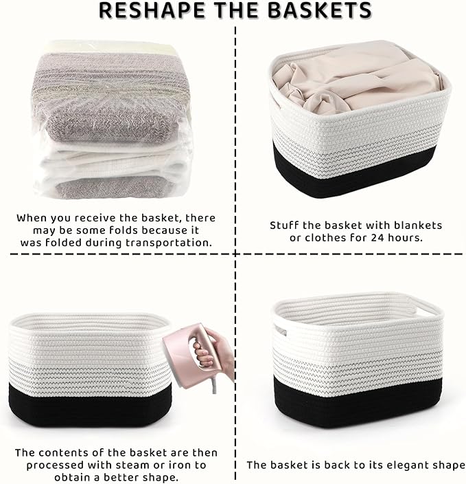 4 Pack Storage Baskets for Organizing, 11''Lx9''Wx8''H Woven Baskets for Storage Toys, Towels, Books, and Clothes, Cotton Rope Basket for Shelves with Handle