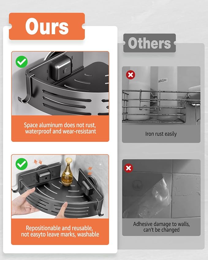 Conworld Corner Shower Caddy Suction Cups, No-Drilling Corner Shower Shelf | 1. No Drilling, No Wall Damage 2. Aluminum, Rustproof 3.Suitable for Ceramic Tiles and Glass Walls