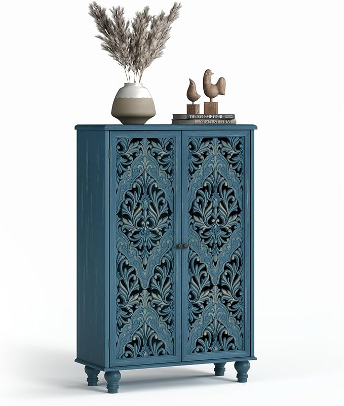 JOINICE 47" Tall Accent Cabinet with Carved Doors & Storage for Living Room | Vertical Storage for Dining Room,Bedroom, Carved Floral Design, Farmhouse & Rustic Style, Adjustable Shelves, Easy Assembly